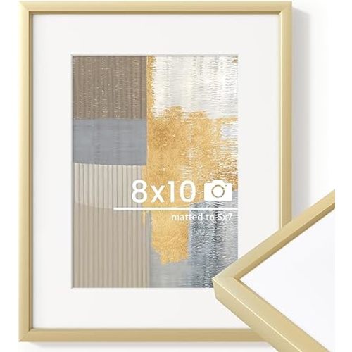 8x10 inch Metal Picture Frame - 8 x 10 Thin Aluminum Photo Frames with 5x7 Removable Mat - High Definition Plexiglass - Ideal for Wall or Tabletop Display - Wall Hook Hanging Hardware Included - Gold, Set of 1