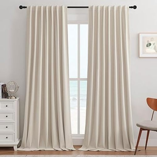 Joydeco 100% Blackout Curtains 84 Inch Length 2 Panels, Thermal Insulated Cream Velvet Curtains for Bedroom Living Room, Soft Luxury Black Out Window Drapes (Rod Pocket&Back Tab, 52Wx84L)