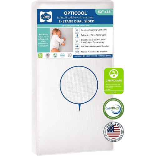 Sealy Baby OptiCool Breathable Waterproof Crib Mattress plus Toddler Bed Fit, Cooling Memory Foam, Non Toxic, Airy Cotton Cover, GREENGUARD Gold Certified, Safety & Quality Tested, Made in USA, 52X28"