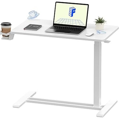 FLEXISPOT H7 Adjustable Overbed Bedside Table with Wheels Pneumatic Mobile Standing Laptop Desk Rolling Computer Cart Movable Overbed Table Hospital Home Use (31.5" W x 17.7" D, White Large)
