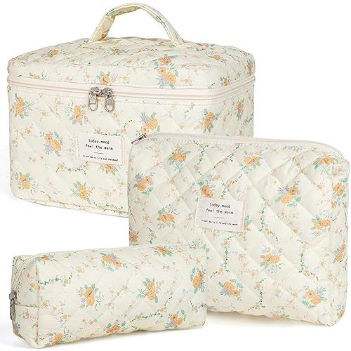 Makeup Bag,Quilted Cosmetic Bags,Large Floral Make Up Organize bag,Makeup Bag Set for Women,Flower Travel Toiletry Bag