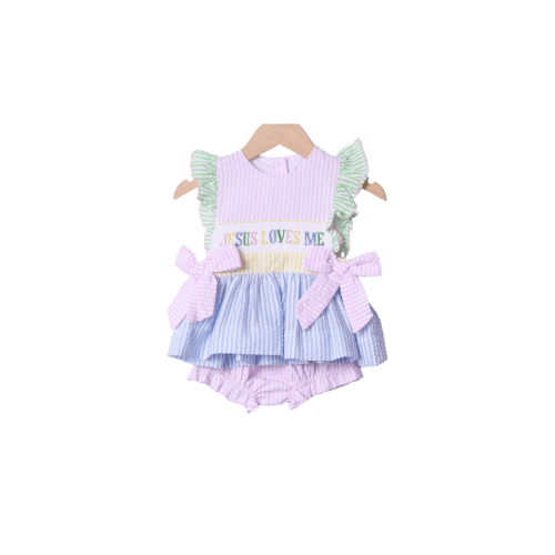 Smocked Jesus Loves Me Seersucker Colorblock Bloomer Set