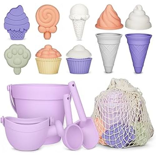 17Pcs Silicone Beach Toys,Modern Baby Beach Toys,Travel Friendly Beach Set,Silicone Bucket, Watering Can, Shovel, 12 Sand Molds, Beach Bag,Silicone Sand Toys for Toddlers, Kids (Purple)