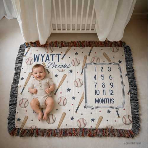 Personalized Baseball Baby Milestone Blanket, Custom Name Monthly Baby Blanket, Baseball Nursery Decor, Baby Boy Shower Gift