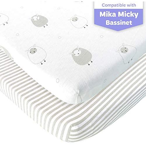 Bassinet Fitted Sheets Compatible with Mika Micky Bedside Sleeper – Snuggly Soft Jersey Cotton – Fits Perfectly on 19 x 32 Inch Bed Side Sleeper Mattress Pad – Grey Stripes, Sheep – 2 Pack