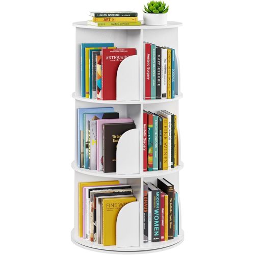 SpaceAid 3 Tier Rotating Bookshelf Tower, Spinning Bookcase Lazy Susan, Revolving 360 Book Shelf Storage Round Carousel, Vertical Rotate Turning Spiral Corner Organizer, White