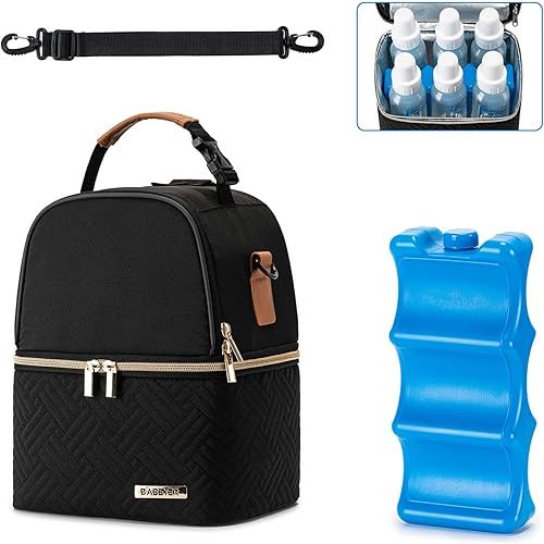 Breastmilk Cooler Bag with Ice Pack Fits 6 Baby Bottles up to 9 Ounce, Breast Milk Pump Cooler Bag with Shoulder Strap for Nursing Mom Daycare, Work, Travel- Black