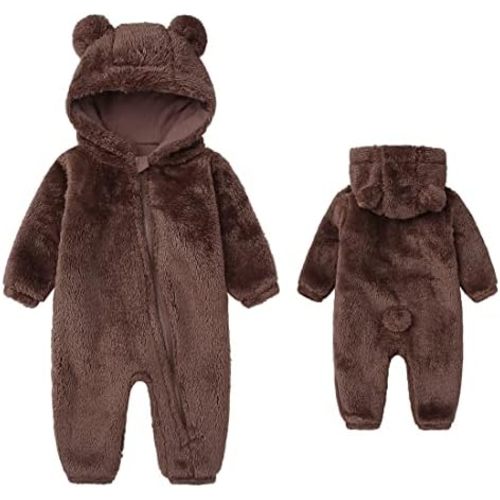Baby Fluffy Jumpsuit Hooded Fleece Rompers Long Sleeve Zipper Onesie Outwear