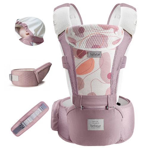 Bebamour Baby Carrier Newborn Front and Back Carry Baby Carrier Newborn to Toddler Baby Hip Carrier with Head Hood & 3 Pieces Teething Pads (Pink)