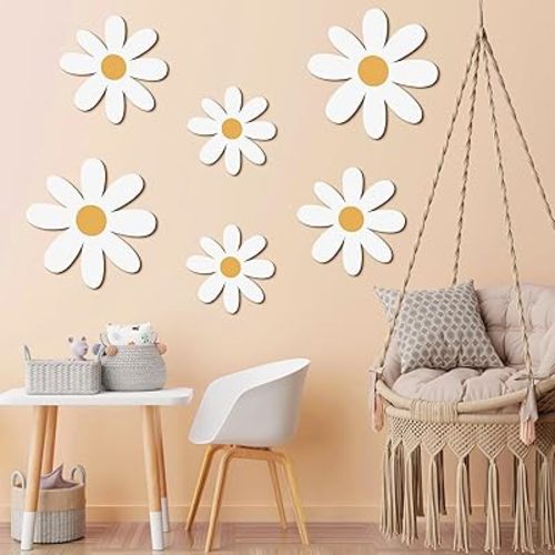 Thyle 6 Pcs Daisy Wall Decor Wooden Daisy Wall Art Flowers Wall Signs Hanging Plaque for Home Nursery Bedroom Farmhouse Bathroom Decorations Housewarming Gifts (White Color)