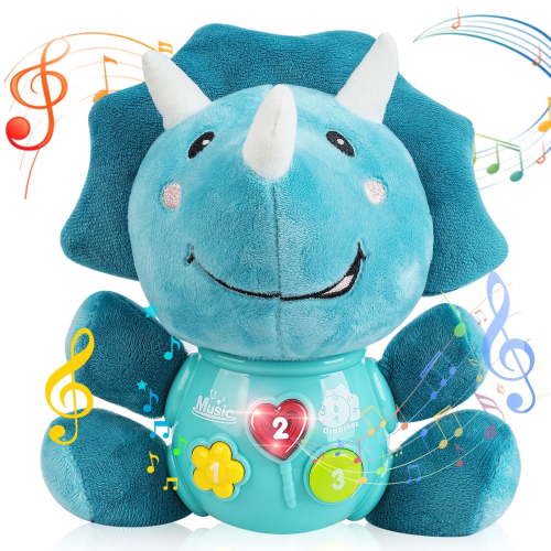 Vanmor Baby Dinosaur Musical Toys Newborn Boys Soft Triceratops Plush Stuffed Animal, Infant Light Up Music Time, 1st Easter Basket Stuffer Birthday Gift 0 1 2 3 6 9 12 18 Month Age 1-3 Toddlers Girl