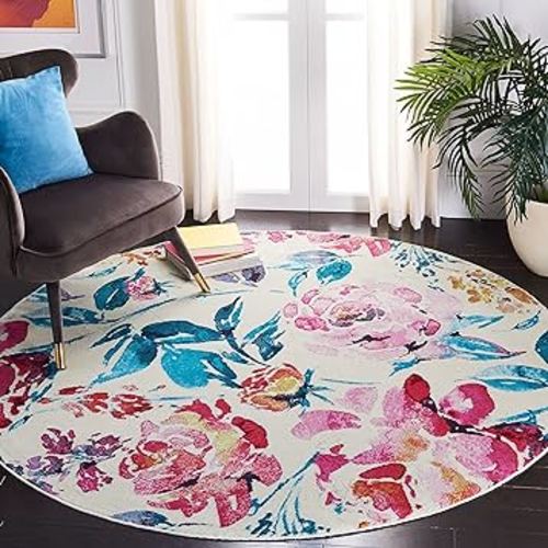 SAFAVIEH Lillian Collection 6'7" Round Ivory / Rose LLN376A Colorful Boho Non-Shedding Dining Room Entryway Foyer Living Room Bedroom Area Rug