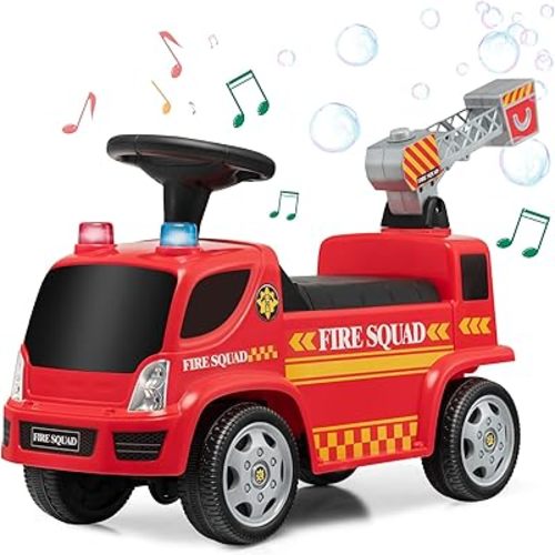 HONEY JOY Ride On Push Car with Bubble Maker, Fire Engine Push Cars for Toddlers w/Horn, Music, Lights, Under Seat Storage, Foot-to-Floor Ride On Fire Truck Toy for Kids Boys Girls, Red