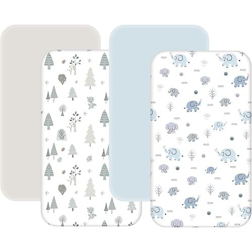 4 Pack Mini Crib Sheets - 38"x26" Pack and Play Sheets for Playard Mattress, Portable Mini Crib | Soft & Skin Friendly Pack N Play Sheets for Boys (Elephant & Woodland)