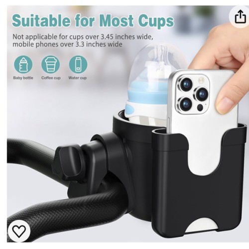 Guiseapue Stroller Cup Holder with Phone Holder, Bottle Holder for Wheelchair, Walker, Bike, Stroller Accessories for Uppababy, Nuna, Doona, Gifts for Her, Him, Kids - Black