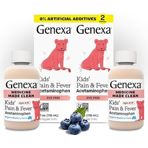 Genexa Kids’ Clean Pain & Fever Acetaminophen, Dye Free, 0% Artificial Additives, Delicious Organic Blueberry Flavor, Liquid Oral Suspension Medicine, Children 2-11, 160 mg per 5mL, 8 fl oz (2 Pack)