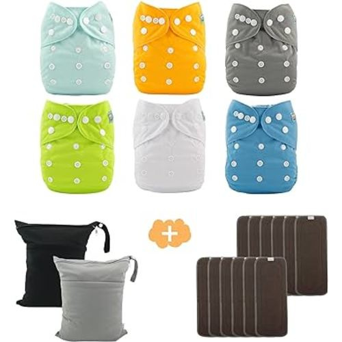 ALVABABY 6 Pack Baby Cloth Diapers with 12 pcs 5-Layer Rayon Charcoal Bamboo Inserts and 2pcs Wet Dry Bags