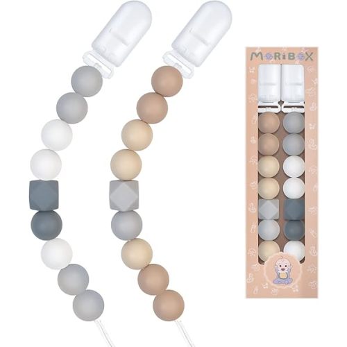Pacifier Clips for Baby Boys Girls (Beige, Grey)
