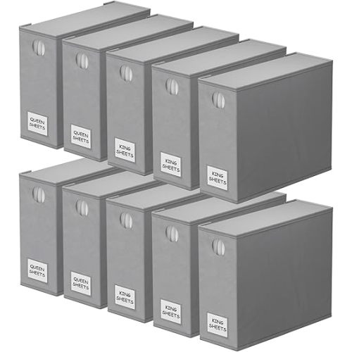SpaceAid 10 Pack Bed Sheet Organizers and Storage, Foldable Sheet Organizer for Linen Closet, Sheets Set Folder Keeper with Window XL (Queen & King Size) Organizing Bedding Container, Gray