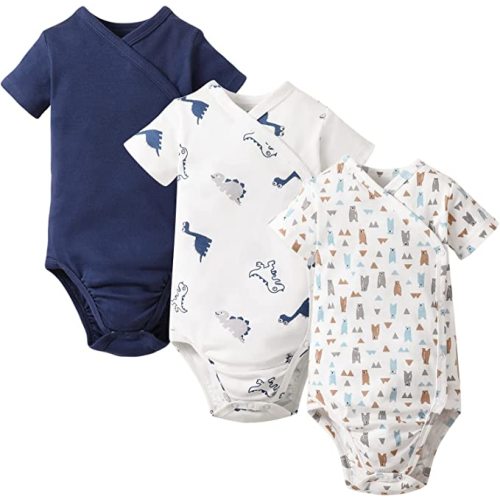 DEFAHN Baby Side Snap Bodysuit Kimono Onsies Newborn Boy Girl 3-Pack 100% Cotton Basic Pattern Kimono Bodysuits