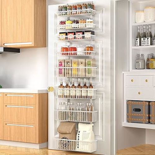 Moforoco Over The Door Pantry Organizer, Pantry Door Organizer Shelves, Kitchen Organizers and Storage, Hanging Basket Wall Spice Rack Seasoning Shelves, Laundry Room Bathroom accessories(White