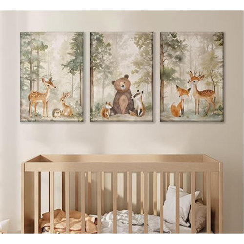Millwood Pines 3Pcs Woodland Animal Nursery Canvas Wall Art Wild Animals Forest Paintings Pictures Wall Decor Fox Bear Deer Watercolor Poster Printing Artwork For Room Home Decoration | Wayfair