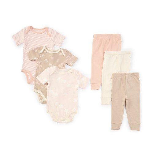 Burt's Bees Baby Girls Newborn-24 Months Short Sleeve Printed Bodysuit & Solid Pant 6-Piece Set