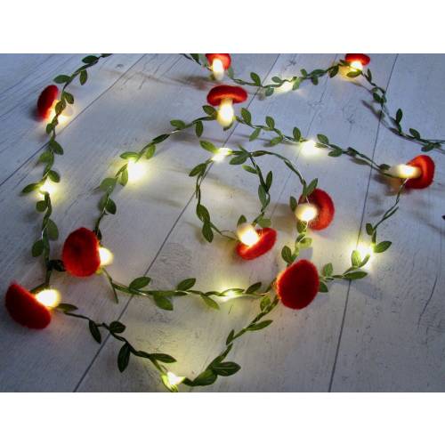 Mushroom Fairy Lights Vine Leaf garland. LED toadstool lamp boho string lights. Woodland Mushroom themed decor, dark fairytale, reading nook