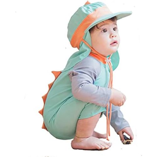 Baby Boys Girls Swimsuit Dinosaur Rash Guard Sun Protection Set Kids One Piece Zipper Bathing Suit Swimwear with Hat
