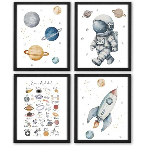 NaZaUK Space Nursery Decor, Space Themed Bedroom Decor, ABC Alphabet Learning Posters Wall Art for Boys Kids Room Nursery Playroom, Wall Art Set of 4, 8x10 Inch (Unframed)