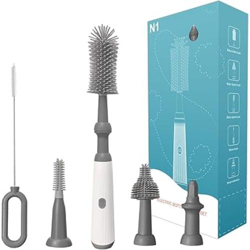 Electric Bottle Brush Cleaner Set, Electric Baby Bottle Brush Cleaner with Rechargeable Electric Bottle Cleaner and Silicone Bottle Brushes and Straw Brush, Automatic Bottle Cleaner Brush (Grey)