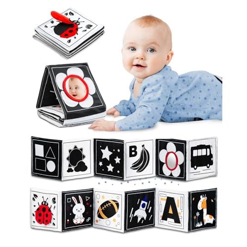 Infinno Black & White Baby Toys High Contrast Crinkle Cloth Activity Book, Infant Mirror Toys for Baby 0-6 Months, Newborn Sensory Tummy Time Toys for Infants, Baby Development Essential