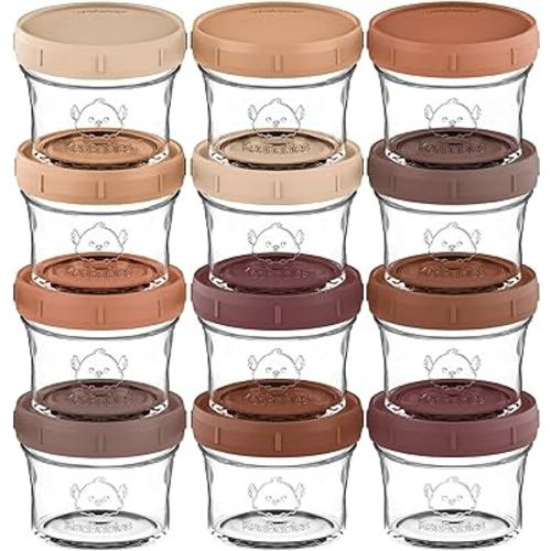 KeaBabies 12pk 4oz Glass Baby Food Containers - Leak-Proof, Microwavable Small Baby Glass Jars with Lids, Baby Food Storage Containers, Baby Snack Containers, BPA-Free Baby Food Jars (Terracotta)