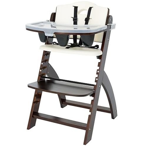 Abiie Beyond Junior Wooden High Chair with Tray - Adjustable and Convertible High Chair for Babies and Toddlers - 6 Months to 250 Lb - Water Resistant - Mahogany Wood/White Cushion