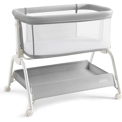 HARPPA Cuddly Bassinet, 2 in 1 Baby Bassinet with Breathable Mesh and Mattress, 6 Height Adjustable, Bedside Sleeper with Anchor Strap, Storage Basket and Wheels, Light Gray