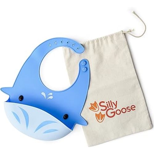 Silly Goose Silicone Animal Baby Bibs for Babies and Toddlers, Waterproof, Adjustable, Soft, Extra Wide Food Catcher Pocket (Baby Whale)