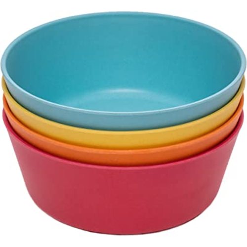 WeeSprout Bamboo Kids Bowls, Set of Four 10 oz Kid-Sized Dinnerware, Cereal, Leftovers & Snack Bowl, Dishwasher Safe (Blue, Yellow, Orange, & Red, 10 Oz)