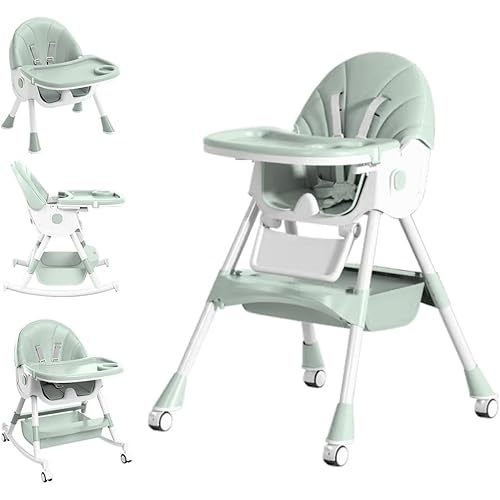 Baby High Chair, 5 in 1 High Chairs for Babies and Toddlers, Travel Foldable High Chair with Foot Rest, Detachable PU Cushion, Double Removable Tray, Adjustable Height & Recline, Locking Wheels