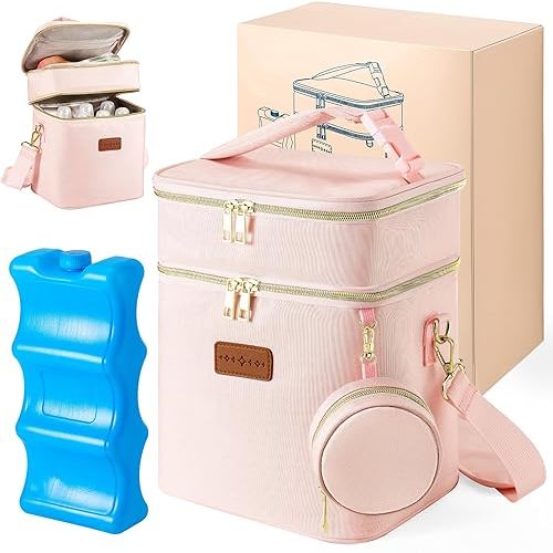 Breastmilk Cooler Bag with Ice Pack & Pacifier Case, Large Double Layer Insulated Baby Bottle Cooler Fits 6 Bottles, Breast Pump Storage Bag for Working Nursing Moms, with Gift Box
