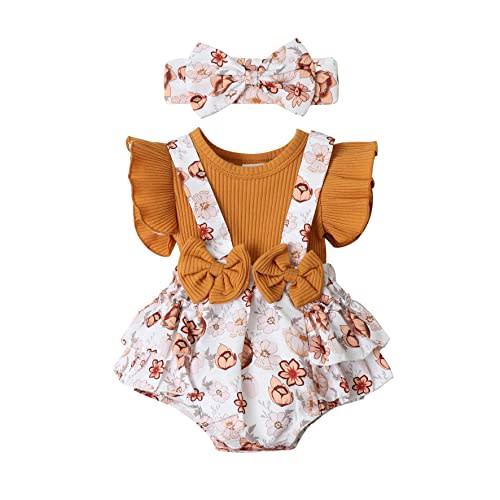Newborn Baby Girl Clothes Infant Romper Floral Suspender Dress Ruffle Sleeve Onesie Outfit Jumpsuit Headband Spring Summer