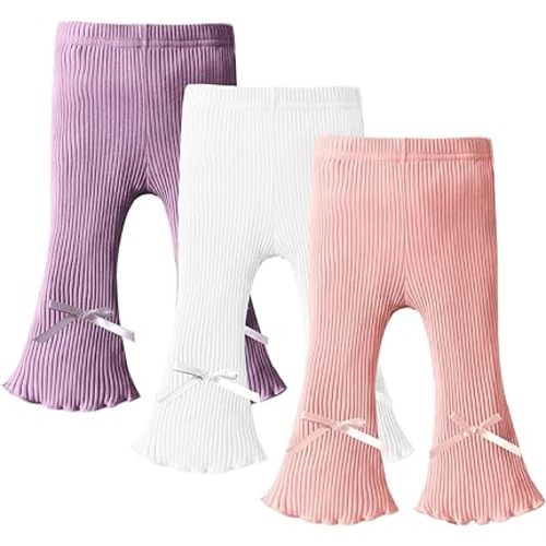 DREAM BUS 3 Pack Baby Girl Pants Toddler Leggings Solid Ribbed Cotton Baby Girls Flare Pants Toddler Bell Bottoms