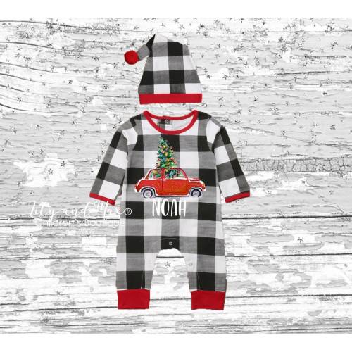 Christmas baby boy outfit, RED CAR with tree personalized boy outfit, red truck with tree boy outfit, Christmas personalized baby boy outfit