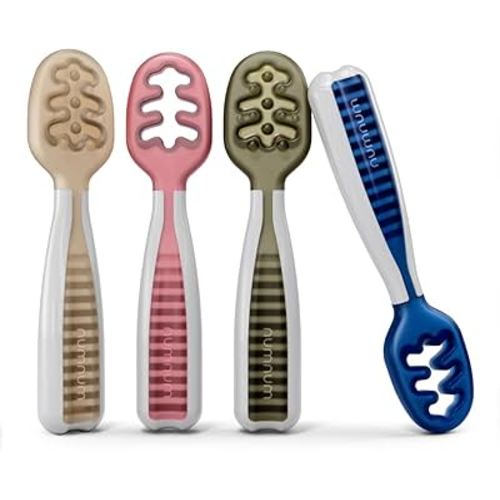 NumNum Baby Spoons Set, Pre-Spoon GOOtensils for Kids Aged 6+ Months - First Stage, Baby Led Weaning (BLW) Spoon - Self Feeding, Silicone Toddler Food Utensils - 4 Spoons, Neutral Colors