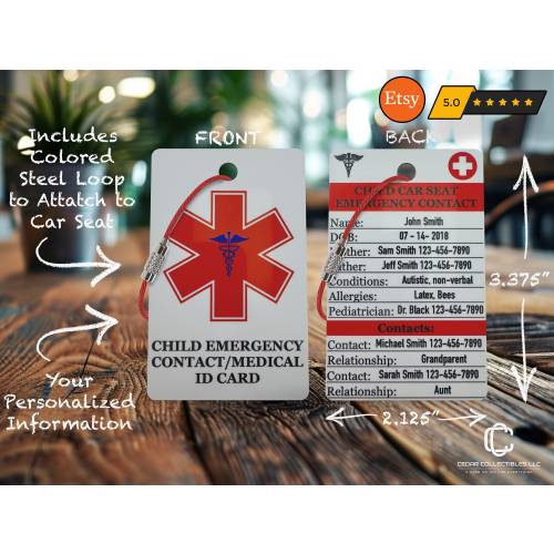 New Parent Safety Car Seat Emergency Card Baby Emergency ID Tag Mom Emergency Information for First Responders Plastic Card Carseat Tag #901