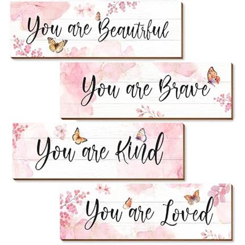 Vintage Classic Butterfly Sign Nursery Wall Decor Set of 4, 16x5 Pink Cute Saying Plaque Wall Art for Baby Girl Kid Teen Toddlers, 4 PCS Positive Wooden Quote Gift for Bedroom