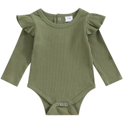 Mubineo Infant Baby Girl Basic Plain Rib Knit Ruffle Long Sleeve Romper Bodysuit Tops