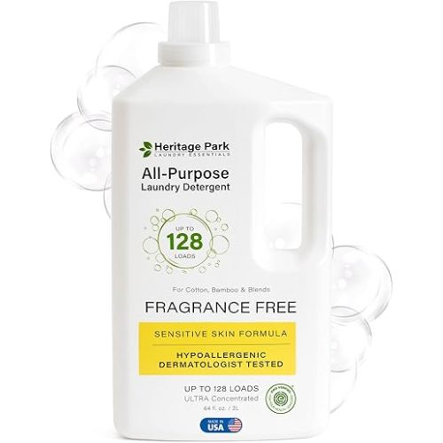 Heritage Park Luxury Laundry Detergent | Dermatologist Tested Plant based Natural & Enzyme Laundry Detergent | Sensitive Skin Friendly - Fragrance Free (64 fl oz)
