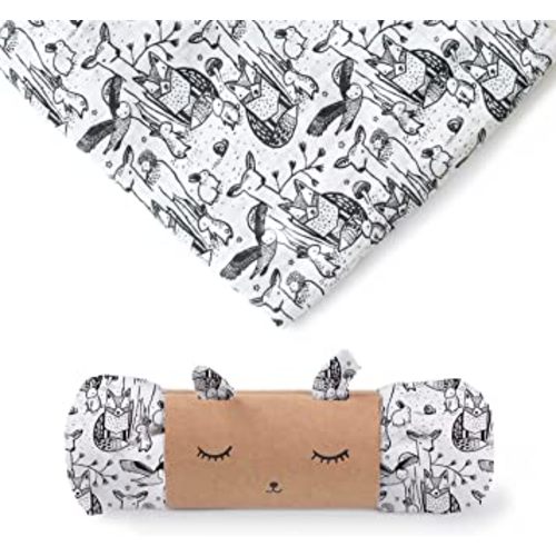 Wee Gallery, Organic Muslin Swaddle - Forest - Woodland Animals Design, Black and White for Baby Visual Development, Quality Cotton Swaddling or Receiving Blanket