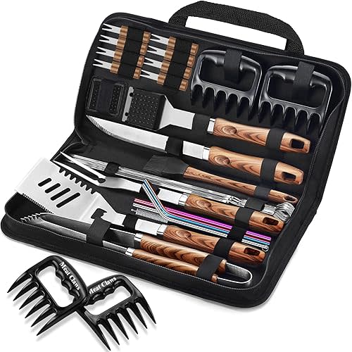 27pcs Heavy Duty Grilling Gifts for Men Dad Fathers Day, Extra Thick BBQ Accessories Tools Set, Stainless Steel Grill Utensils Kit with Meat Claws, Carrying Bag for Outdoor Camping Brown