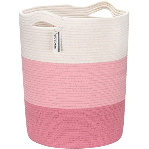 Sea Team Large Size Cotton Rope Woven Storage Basket with Handles, Laundry Hamper, Fabric Bucket, Drum, Clothes Toys Organizer for Kid's Room, 20 x 14 inches, Round Open Design, White & Pink - Large/14 x 20"